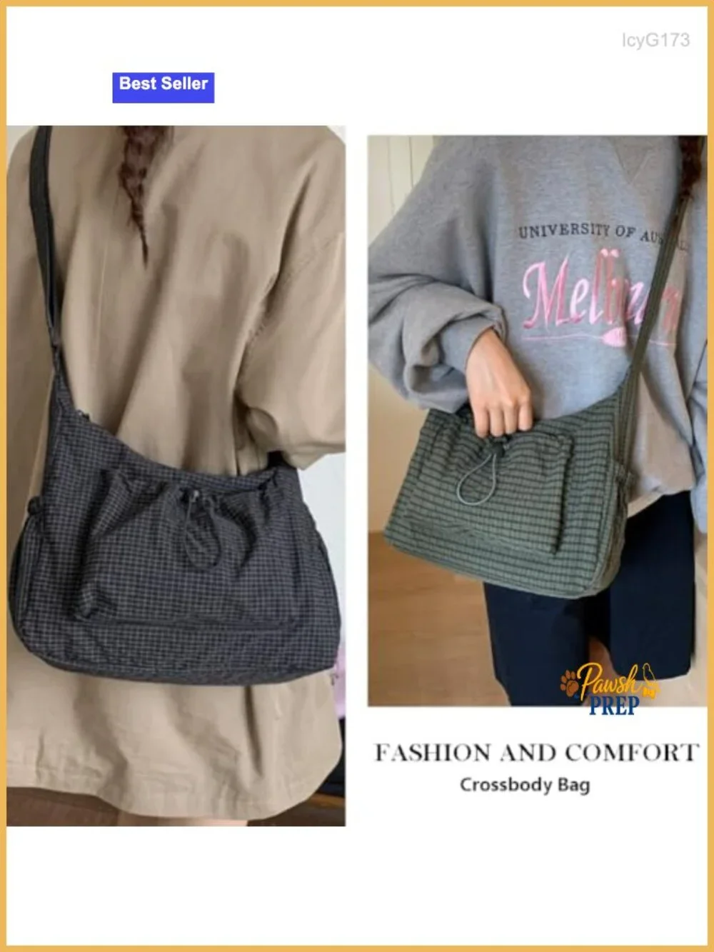 Checkered Nylon Hobo Bag Lightweight Casual Drawstring Crossbody Shoulder